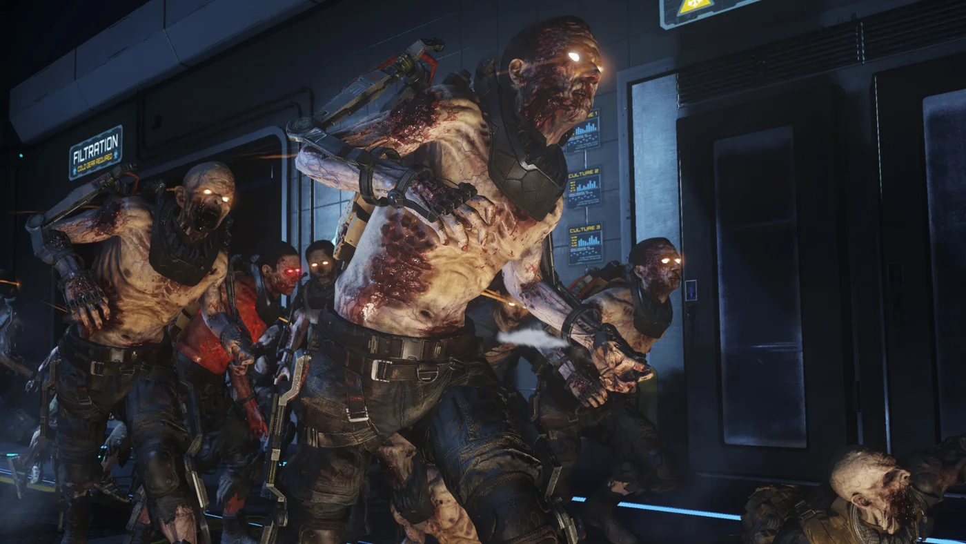 A group of exo zombies in exoskeletons rushing down a corridor of the facility, Outbreak, Call of Duty Advanced Warfare Zombies