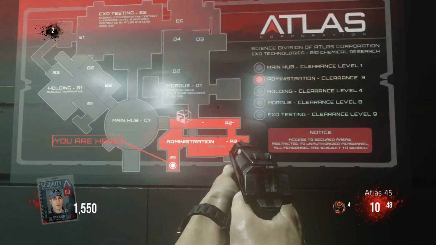 A wall plan of the Atlas facility with the Main Hub, Administration, Holding, Morgue and Exo Testing sectors and their clearance levels, Outbreak, Call of Duty Advanced Warfare Zombies