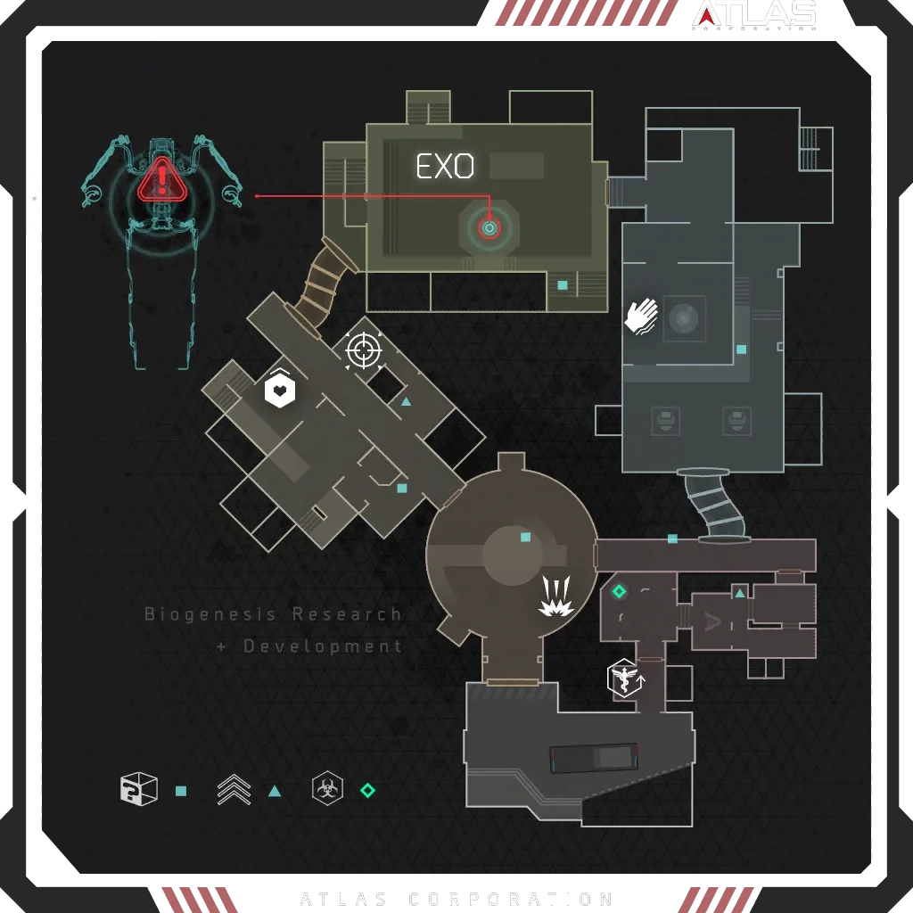 The map of the Outbreak facility as shown in the game, Outbreak, Call of Duty Advanced Warfare Zombies