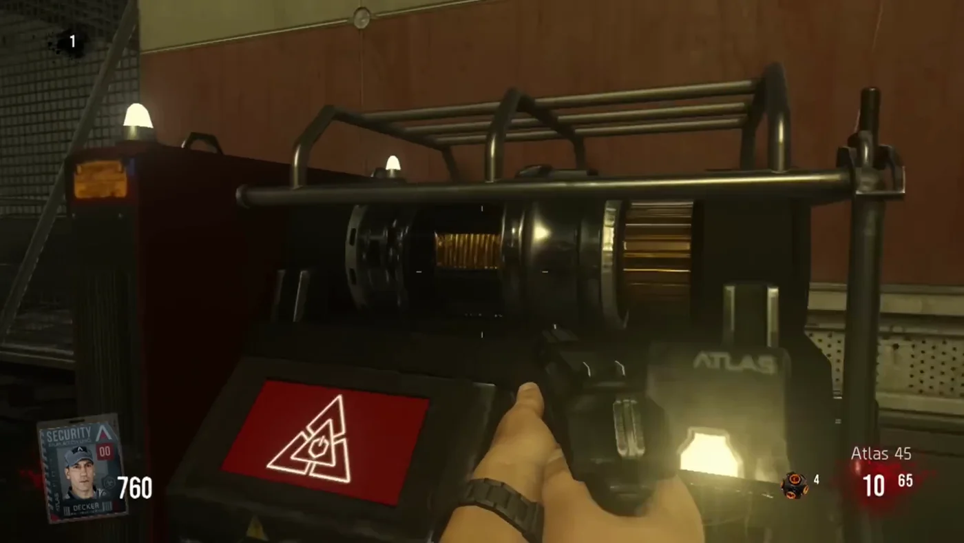 The power switch of the Courtyard, a generator with a red Atlas panel, seen at round 1, Outbreak, Call of Duty Advanced Warfare Zombies