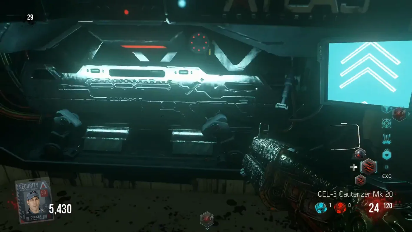 The experimental Upgrade Station of the Exo Testing Room, with a CEL-3 Cauterizer Mk 20 in hand at round 29, Outbreak, Call of Duty Advanced Warfare Zombies