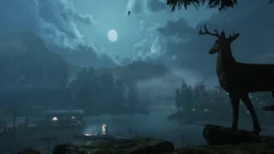 Bear Lake at night, seen from the shore, with a deer figure in the foreground, Rave in the Redwoods, Call of Duty Infinite Warfare Zombies