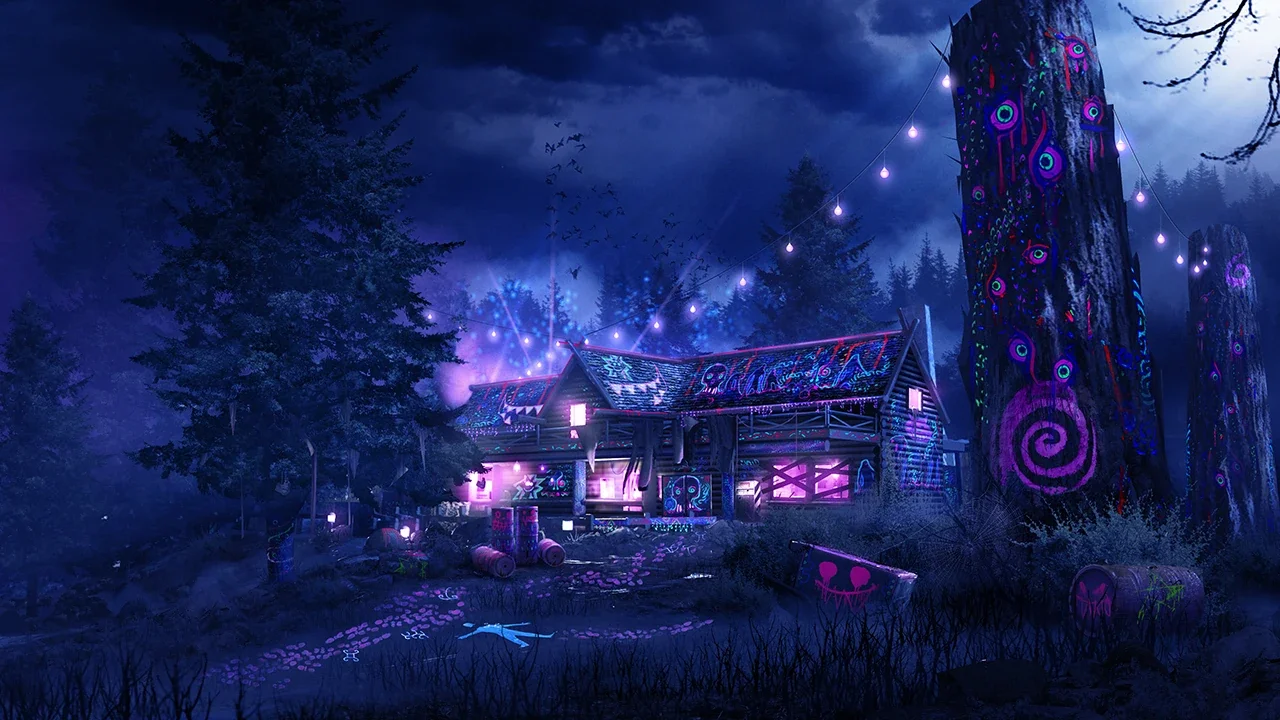 The Bear Lodge lit up in Rave Mode colours under the redwoods, official image, Rave in the Redwoods, Call of Duty Infinite Warfare Zombies