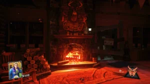 The stone fireplace of the Bear Lodge at the start of a game, with a deer head above it and the boarded barrier to the Mess Hall on the right, Rave in the Redwoods, Call of Duty Infinite Warfare Zombies