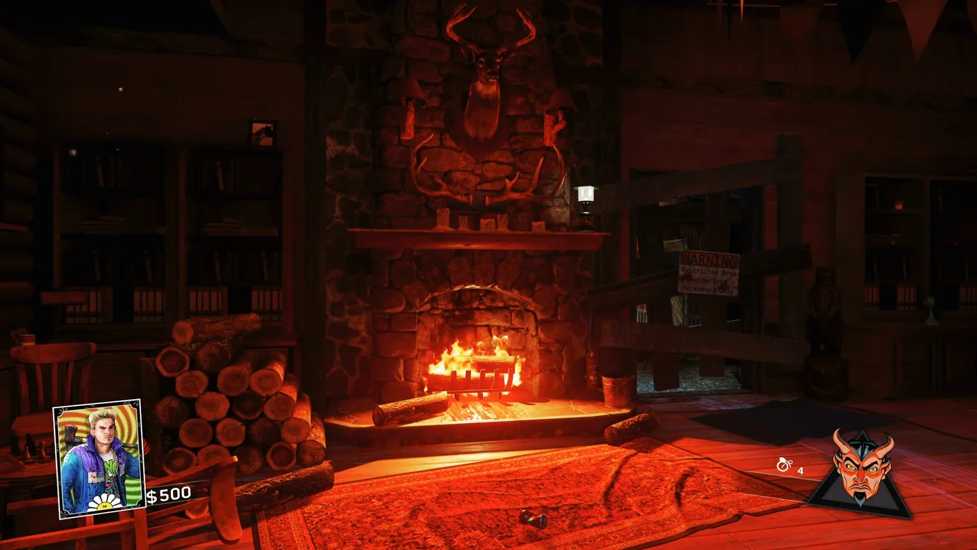The stone fireplace of the Bear Lodge at the start of a game, with a deer head above it and the boarded barrier to the Mess Hall on the right, Rave in the Redwoods, Call of Duty Infinite Warfare Zombies