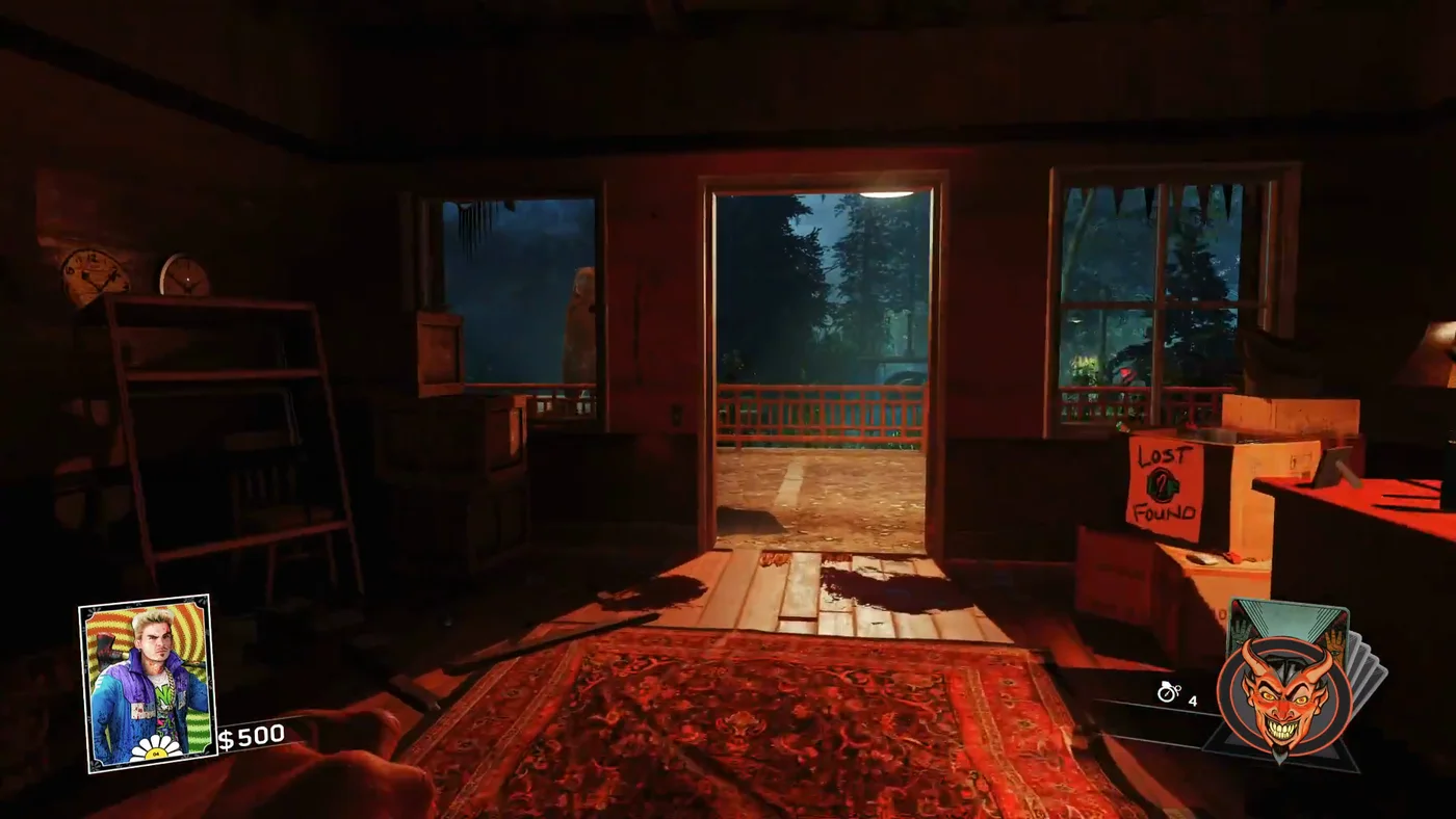 The front door of the Bear Lodge seen from inside, with the Lost and Found box on the right, Rave in the Redwoods, Call of Duty Infinite Warfare Zombies