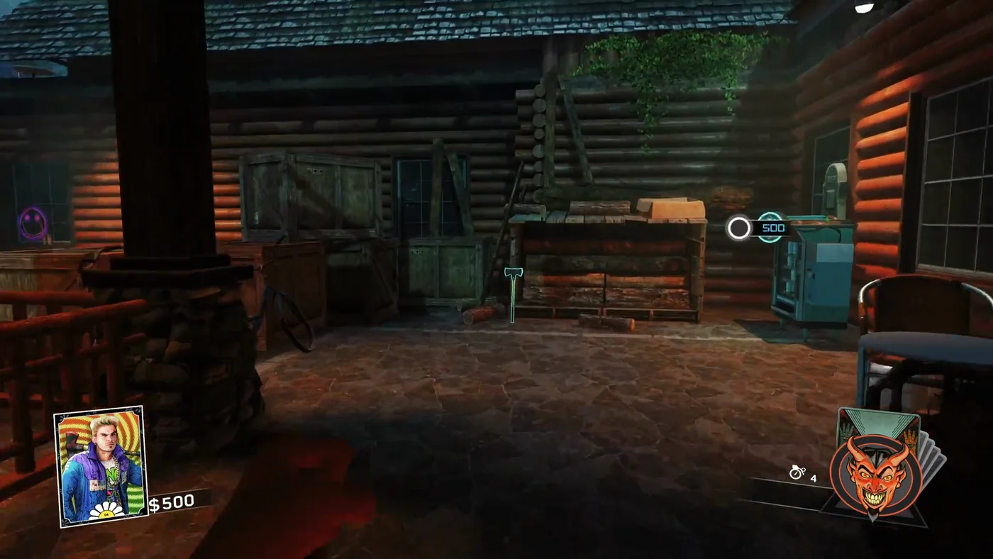 The front porch of the Bear Lodge, with the Two-Headed Axe by the logs and the Up 'N Atoms machine priced at 500, Rave in the Redwoods, Call of Duty Infinite Warfare Zombies