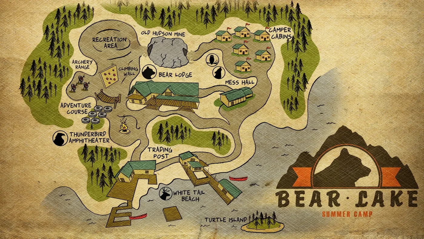 Map of Bear Lake Summer Camp, with the Bear Lodge, the Mess Hall, the mine, the Recreation Area and Turtle Island, Rave in the Redwoods, Call of Duty Infinite Warfare Zombies