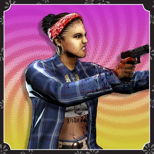 Official portrait of Sally Simpson as the Westside Gangsta, aiming a pistol, Rave in the Redwoods, Call of Duty Infinite Warfare Zombies