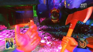 Rave Mode in neon pink and purple, with a Magic Wheel glowing at the back, Rave in the Redwoods, Call of Duty Infinite Warfare Zombies