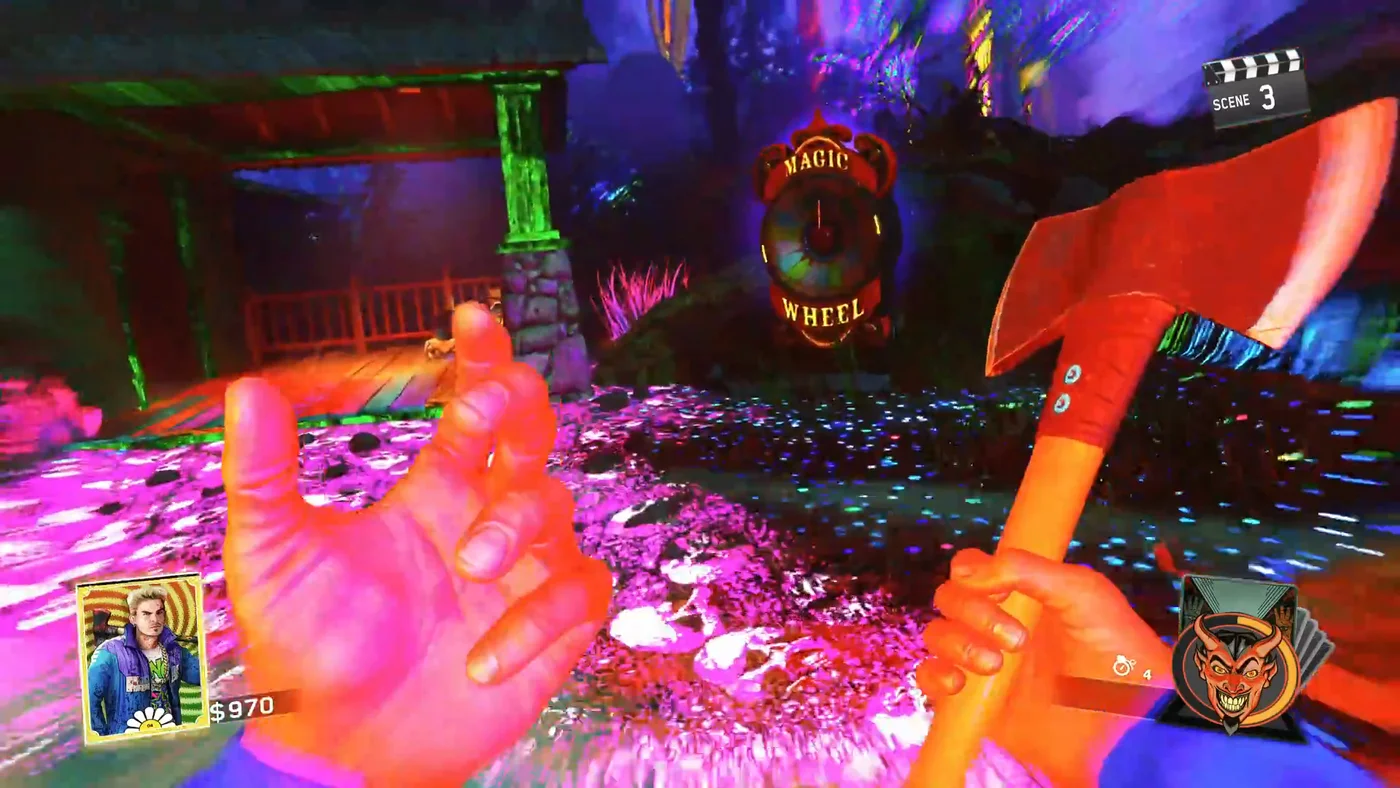 Rave Mode in neon pink and purple, with a Magic Wheel glowing at the back, Rave in the Redwoods, Call of Duty Infinite Warfare Zombies