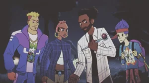 The four actors in their 1990s outfits holding the piece of the Soul Key, outro cinematic, Rave in the Redwoods, Call of Duty Infinite Warfare Zombies