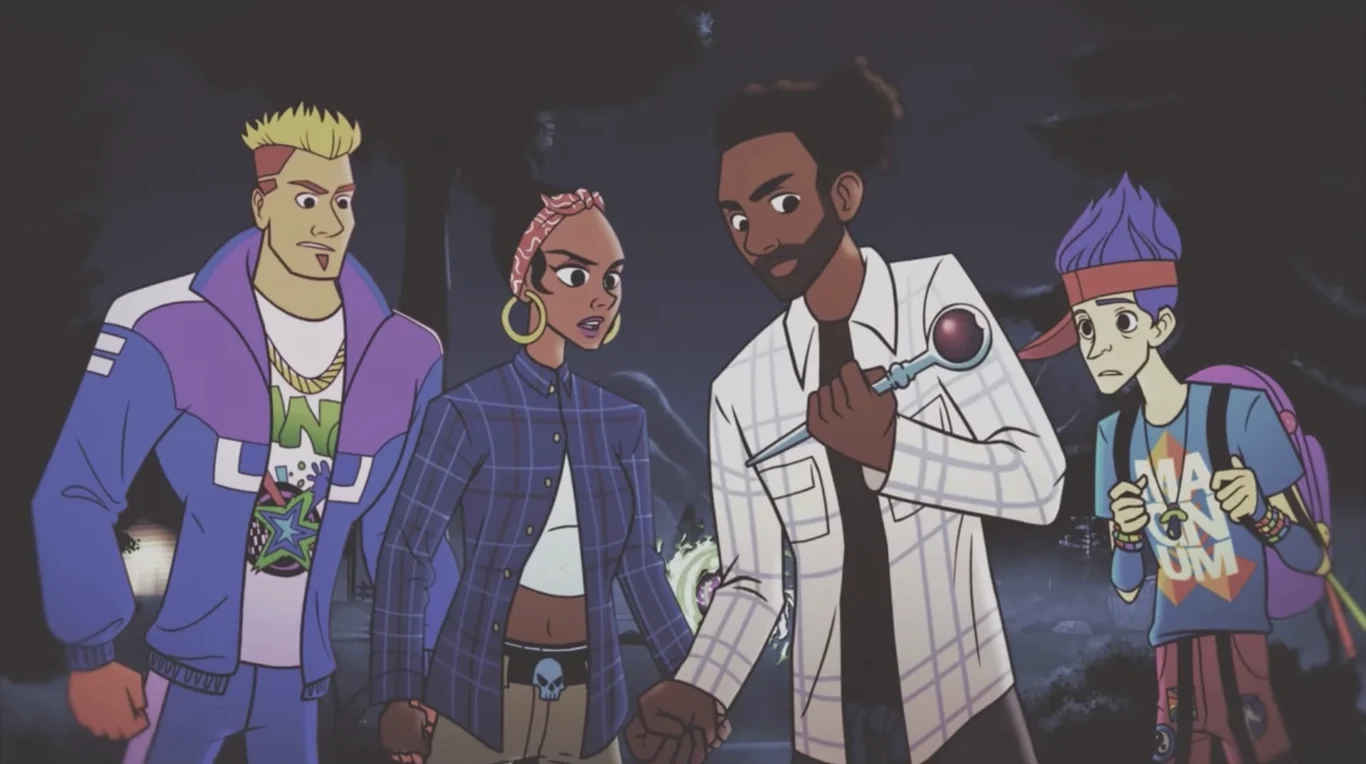 The four actors in their 1990s outfits holding the piece of the Soul Key, outro cinematic, Rave in the Redwoods, Call of Duty Infinite Warfare Zombies