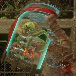 Li'l Arnie, a jar holding a small squid, in the hand of a player in Revelations, Call of Duty Black Ops III Zombies