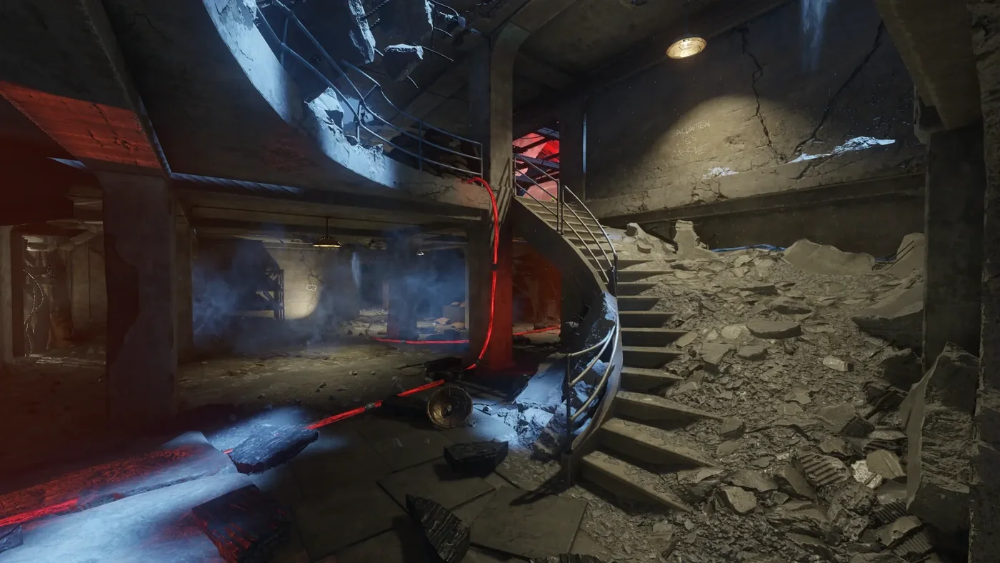 The broken Nacht der Untoten building and its curved staircase in Revelations, Call of Duty Black Ops III Zombies