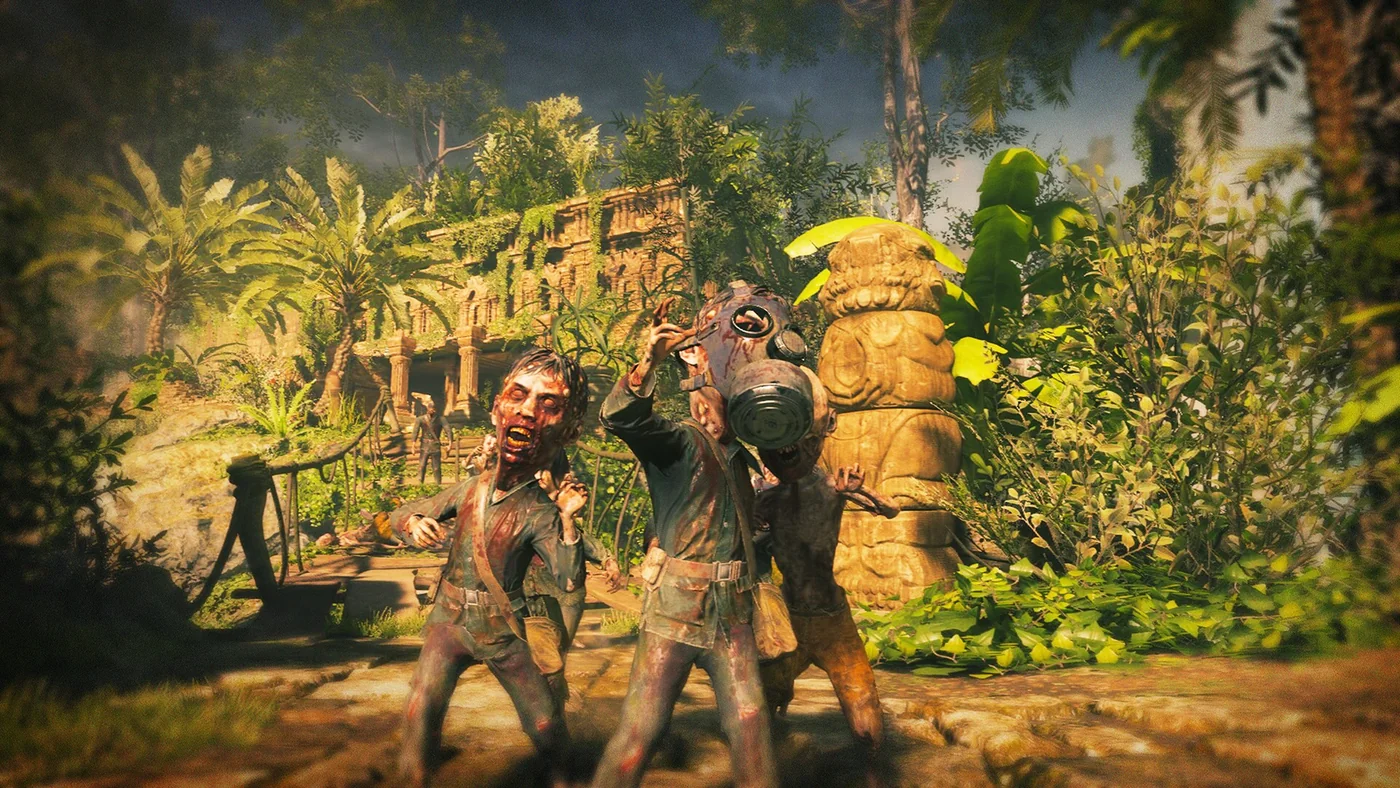 Shrunk zombies with big heads walking through the jungle, Small Consolation achievement art, Shangri-La, Call of Duty Black Ops III Zombies