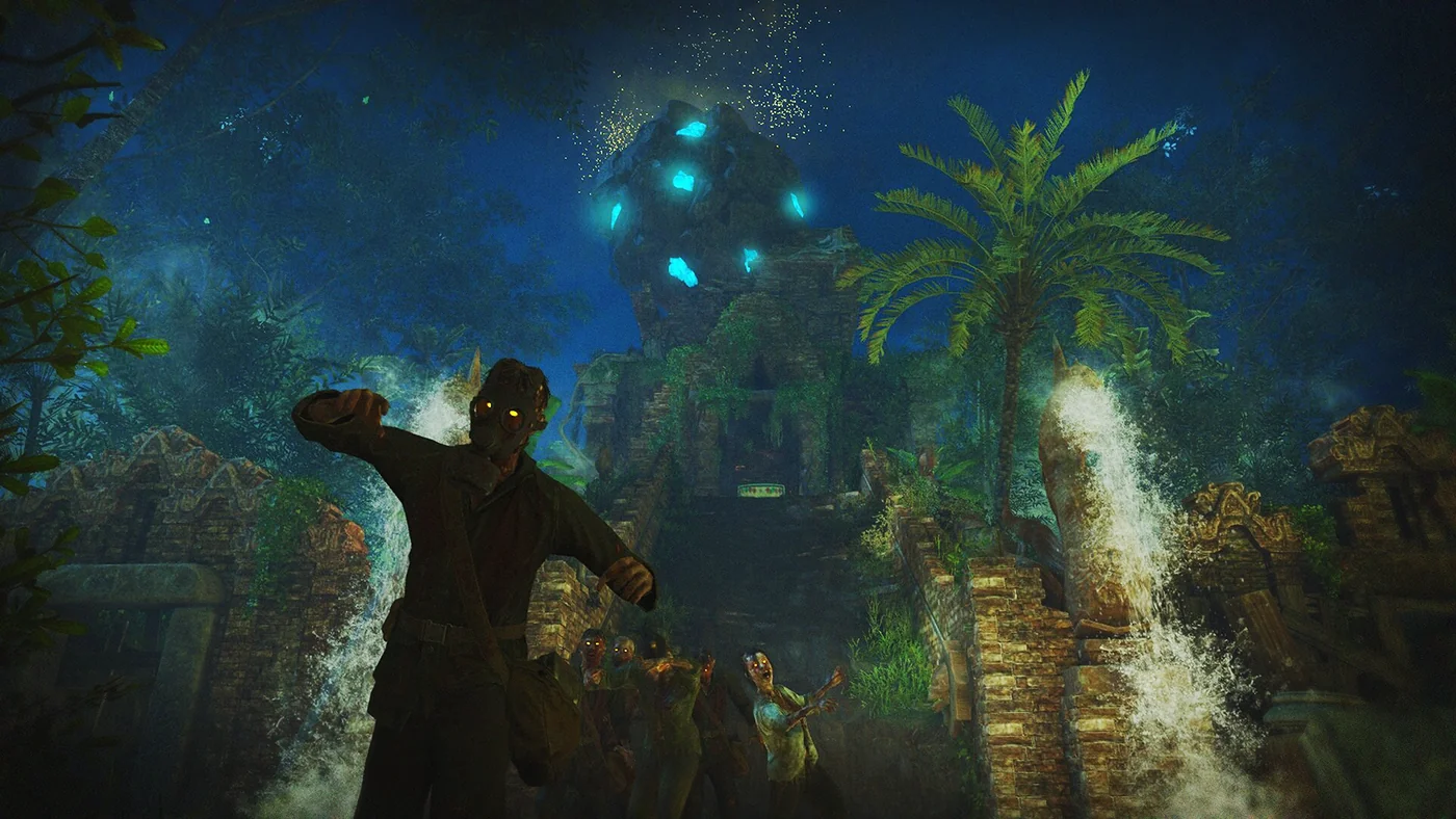 A zombie by the waterfall under the eclipse, with the glowing meteorite above the temple, Time Travel Will Tell achievement art, Shangri-La, Call of Duty Black Ops III Zombies