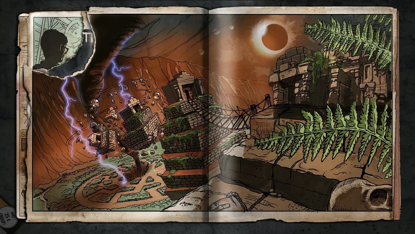 The Zombies Chronicles loading screen of Shangri-La, drawn as an open book with the temple under the eclipse, Shangri-La, Call of Duty Black Ops III Zombies