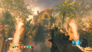 The temple stairs of the starting area, between two stone serpents pouring water, with the Pack-a-Punch at the top, Shangri-La, Call of Duty Black Ops III Zombies