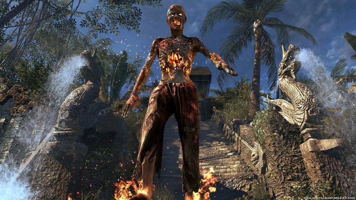 A Napalm Zombie walking down from the temple, Shangri-La, Call of Duty Black Ops Zombies