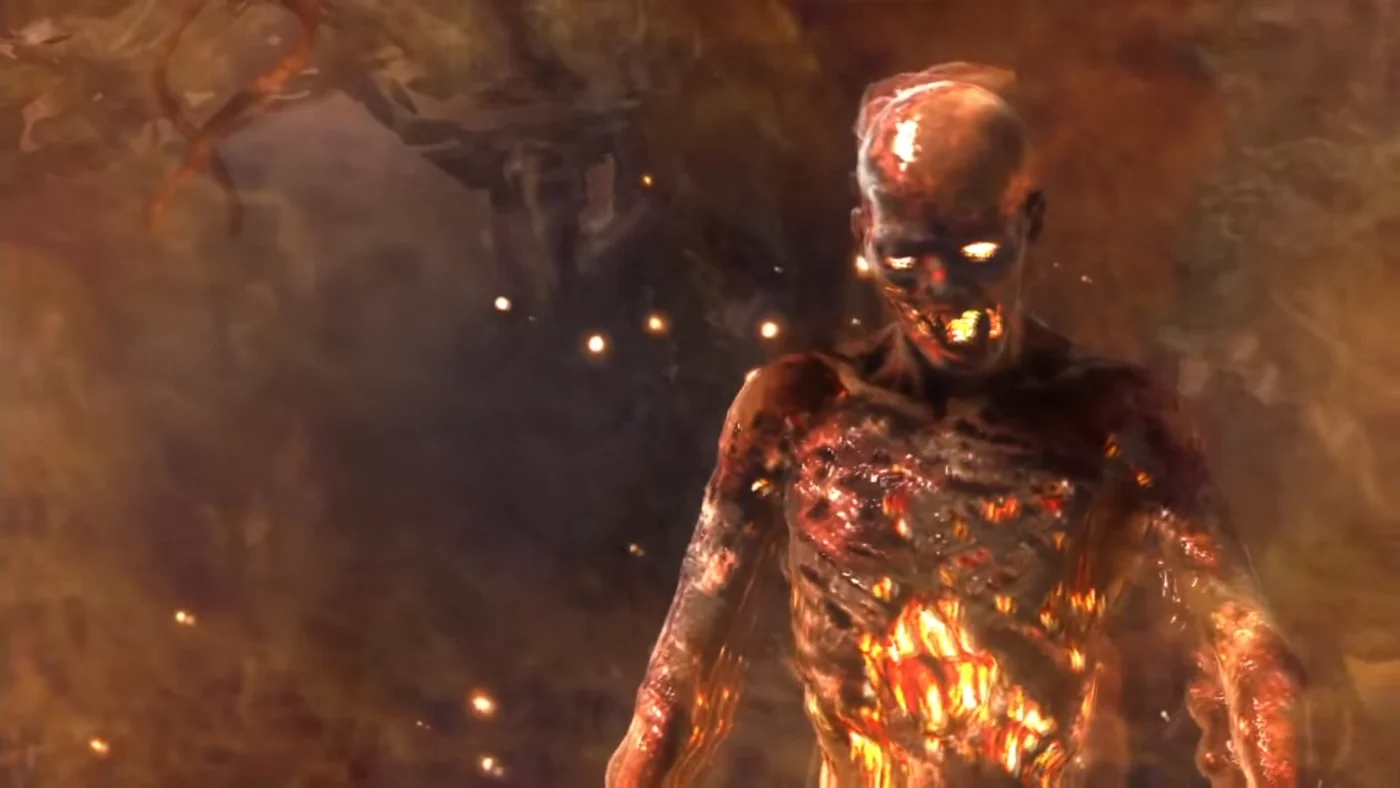 Close-up of a burning Napalm Zombie, Shangri-La, Call of Duty Black Ops Zombies