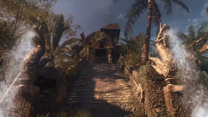 The temple stairs between two dragon statues spouting water, Shangri-La, Call of Duty Black Ops Zombies