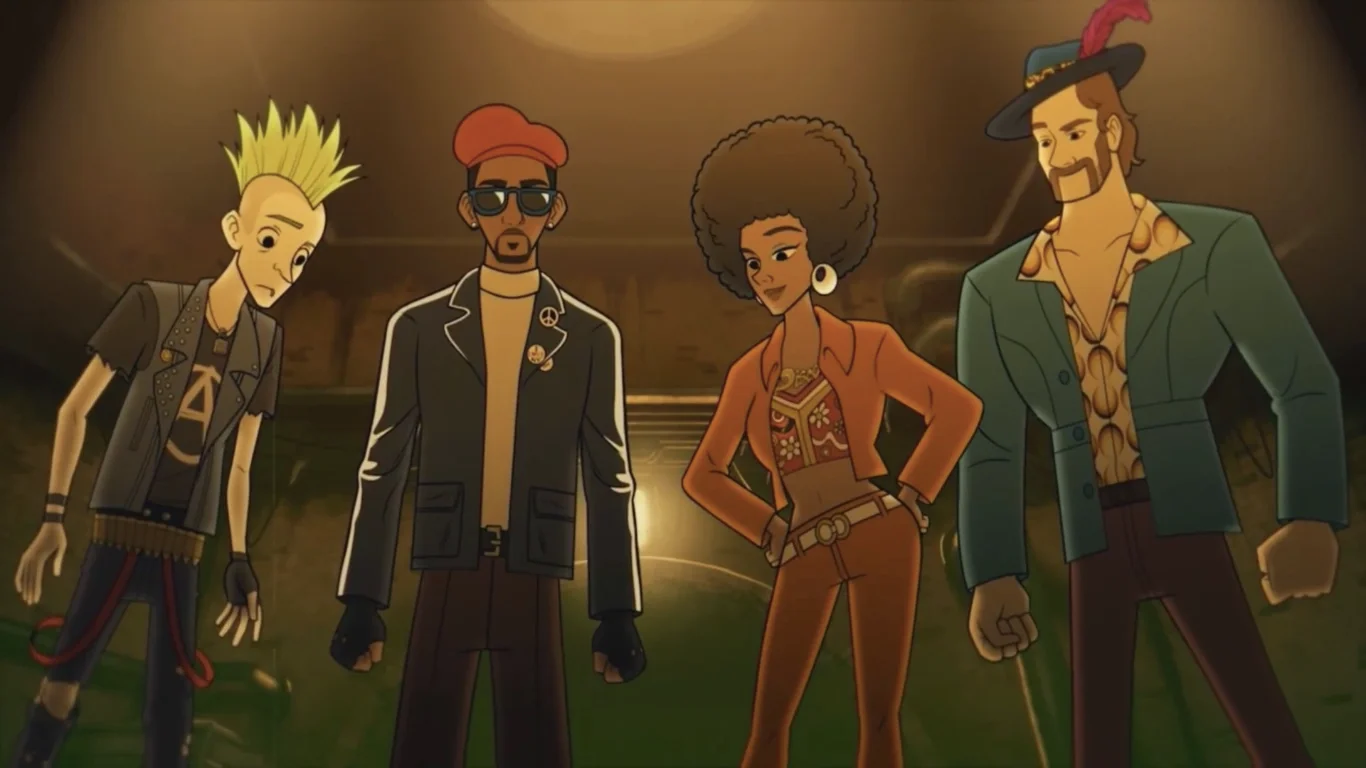 The four actors in their 1970s outfits, cartoon ending scene, Shaolin Shuffle, Call of Duty Infinite Warfare Zombies
