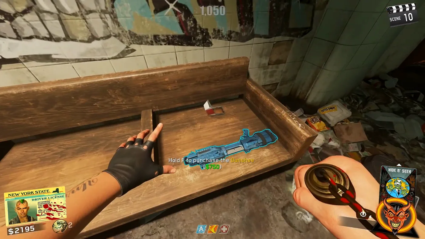 The Banshee chalk outline on a wooden bench of the platform, with its 750-point price, Shaolin Shuffle, Call of Duty Infinite Warfare Zombies