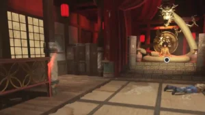 The hall of the Black Cat Dojo, with Pam Grier meditating on her seat under a golden dragon, Shaolin Shuffle, Call of Duty Infinite Warfare Zombies