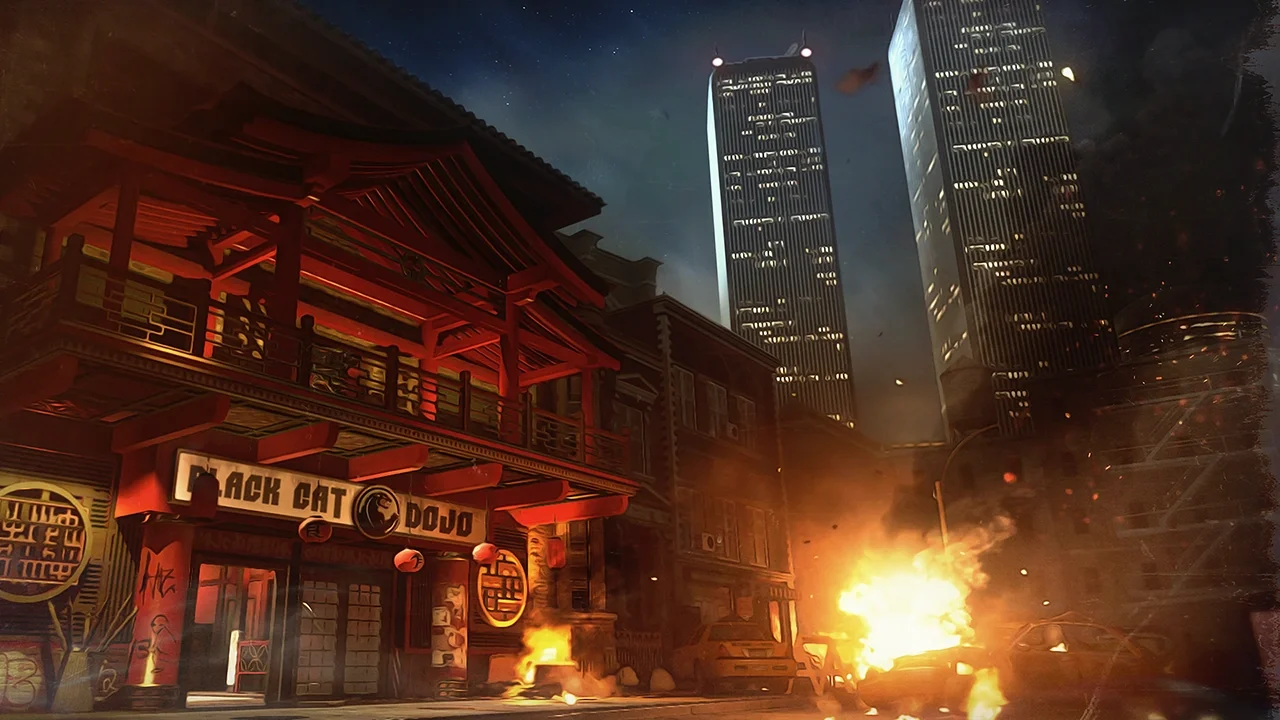 The street in front of the Black Cat Dojo at night, with burning wrecks and the towers of the city behind, official artwork, Shaolin Shuffle, Call of Duty Infinite Warfare Zombies