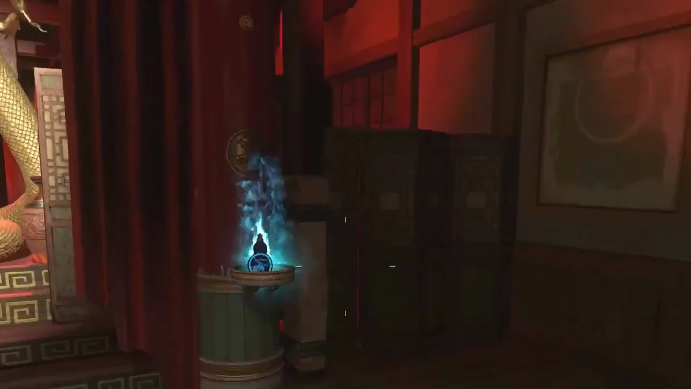 The blue Crane gourd glowing on its stand next to the seat of Pam Grier, in the Black Cat Dojo, Shaolin Shuffle, Call of Duty Infinite Warfare Zombies