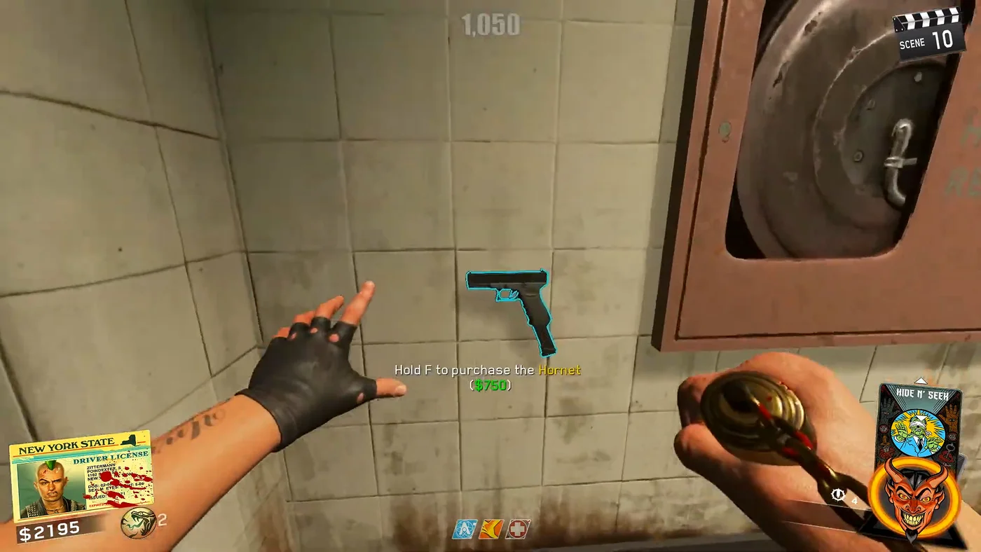 The Hornet chalk outline on a tiled wall of the platform, next to a fire hose cabinet, with its 750-point price, Shaolin Shuffle, Call of Duty Infinite Warfare Zombies