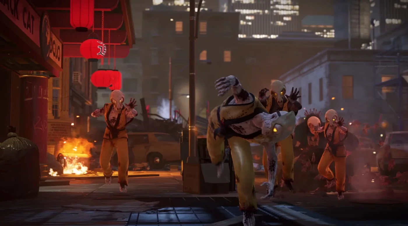 The Rat King leading a group of Ninja Zombies in front of the Black Cat Dojo, official screenshot, Shaolin Shuffle, Call of Duty Infinite Warfare Zombies