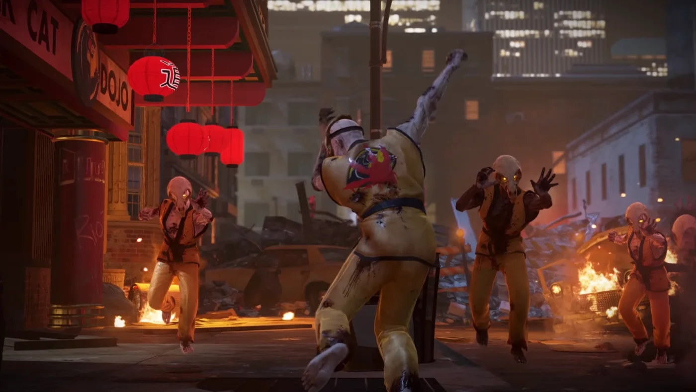 A group of Ninja Zombies in yellow gi charging down the street in front of the Black Cat Dojo, Shaolin Shuffle, Call of Duty Infinite Warfare Zombies
