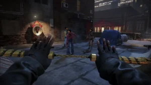 The Nunchaku held in first person on a street of the map, Shaolin Shuffle, Call of Duty Infinite Warfare Zombies