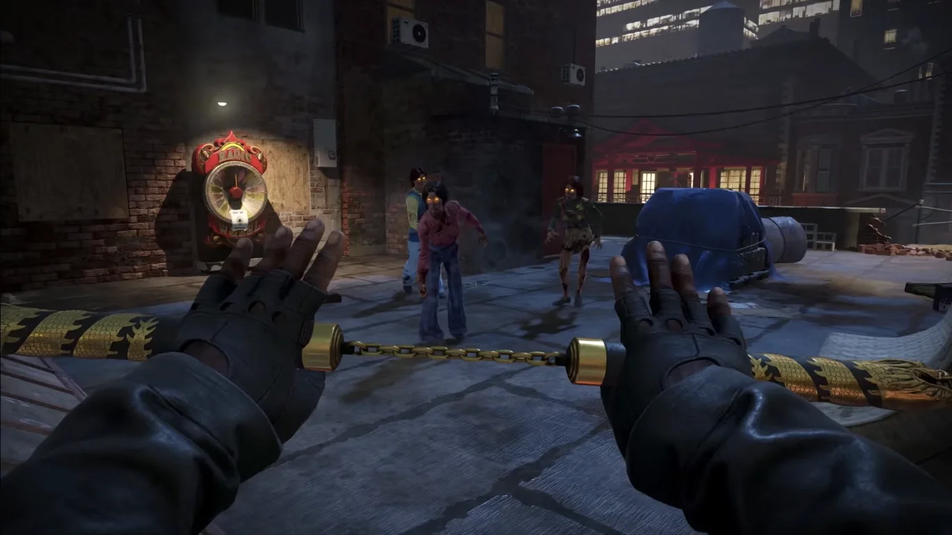 The Nunchaku held in first person on a street of the map, Shaolin Shuffle, Call of Duty Infinite Warfare Zombies