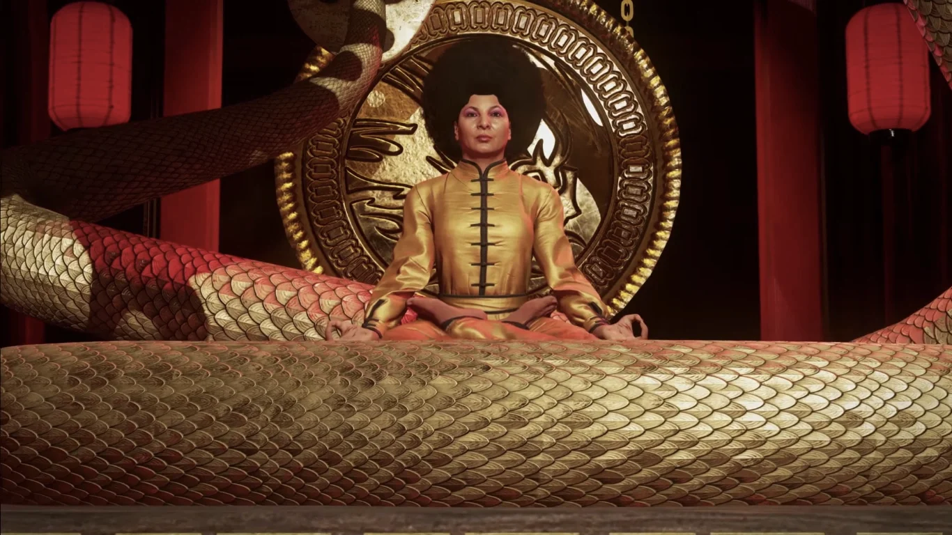 Pam Grier meditating on a raised seat in the Black Cat Dojo, under red lanterns, Shaolin Shuffle, Call of Duty Infinite Warfare Zombies