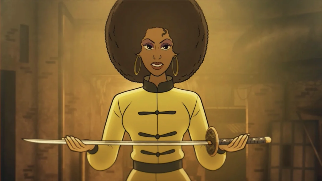 Pam Grier holding out her katana in the cartoon ending scene, Shaolin Shuffle, Call of Duty Infinite Warfare Zombies