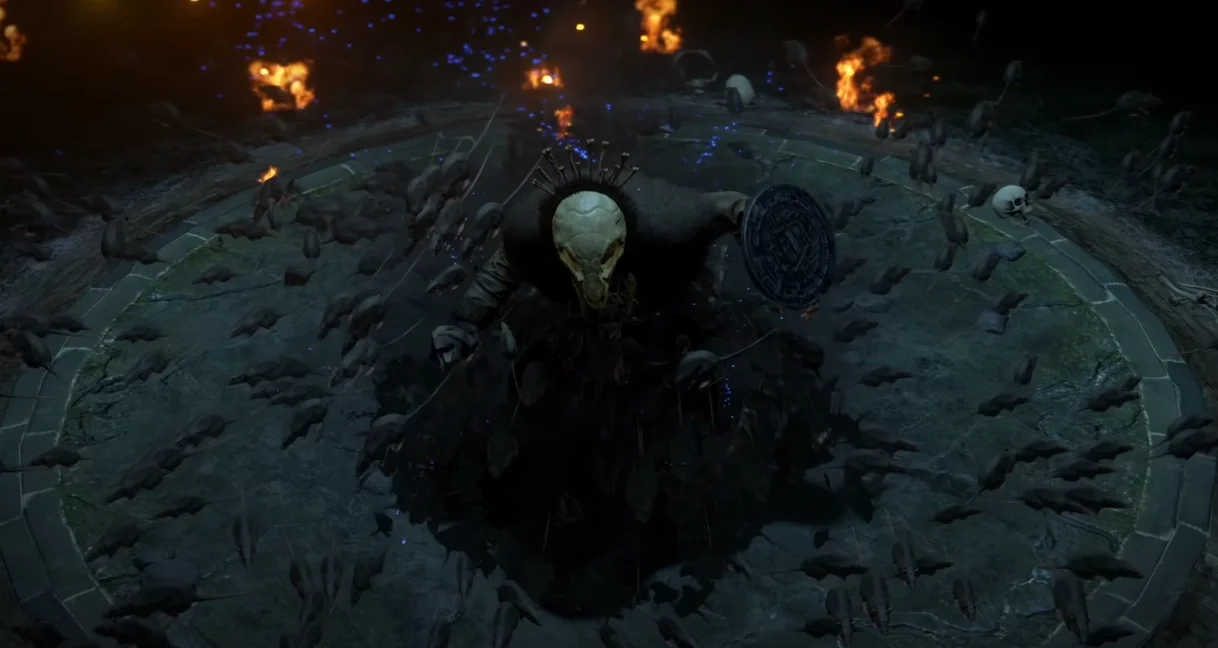 The Rat King standing in his circular lair in the sewers, swarmed by rats, official screenshot, Shaolin Shuffle, Call of Duty Infinite Warfare Zombies