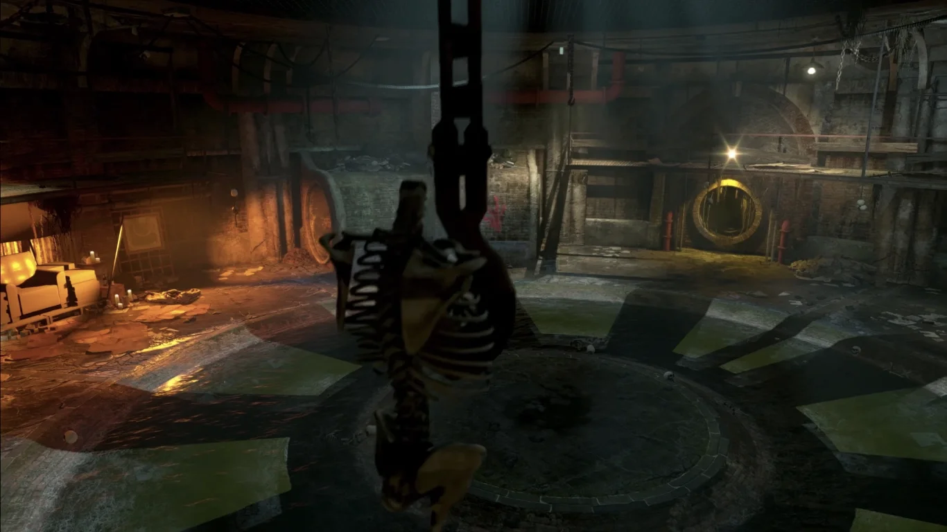 The circular lair of the Rat King in the sewers, with a hanging chain and a skeleton, official screenshot, Shaolin Shuffle, Call of Duty Infinite Warfare Zombies