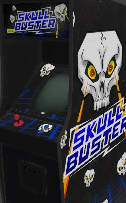 The Skullbuster arcade cabinet with its white skull art, Shaolin Shuffle, Call of Duty Infinite Warfare Zombies