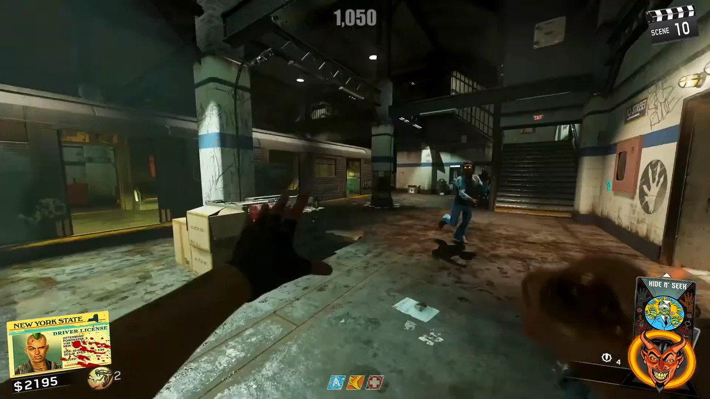 The platform of the first subway station, with the stopped subway car on the left and the staircase up to the turnstiles on the right, Shaolin Shuffle, Call of Duty Infinite Warfare Zombies