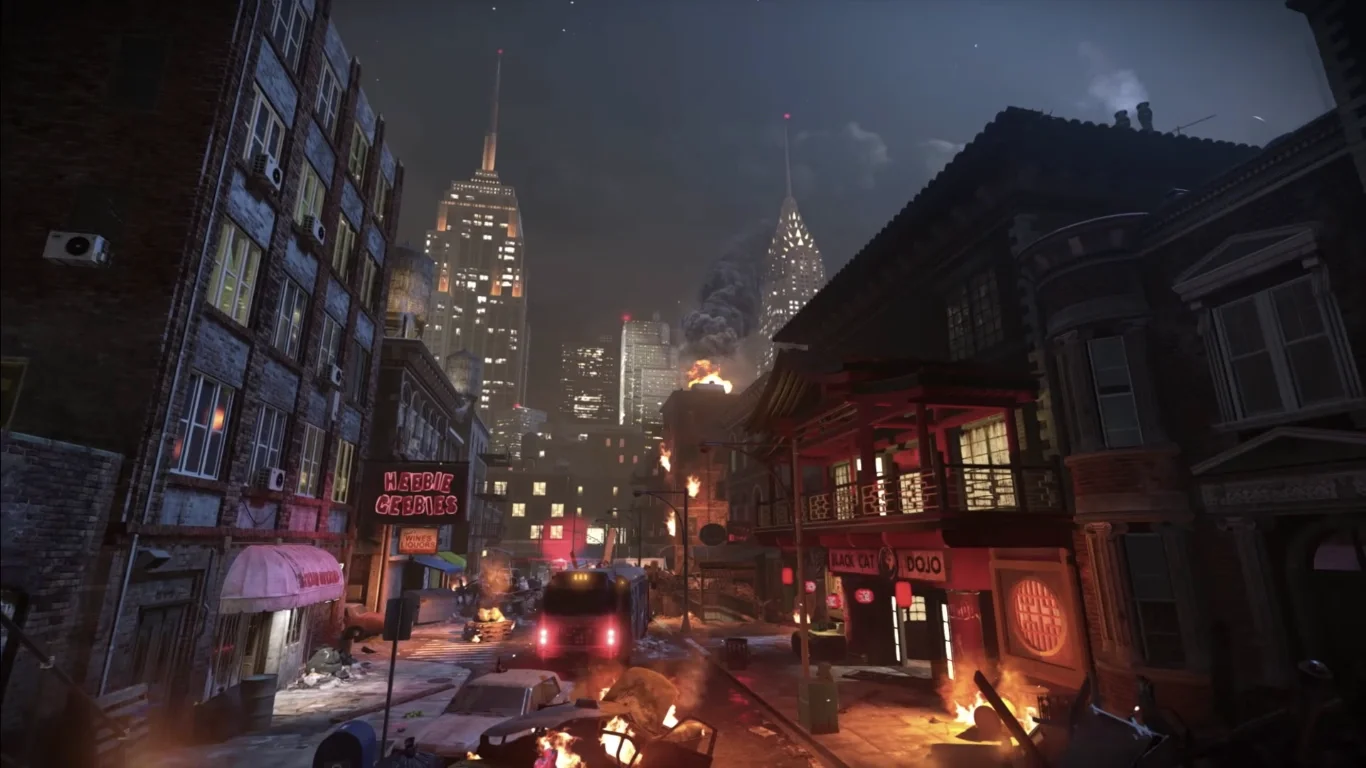 A street of the map at night, between neon signs and burning wrecks, official screenshot, Shaolin Shuffle, Call of Duty Infinite Warfare Zombies
