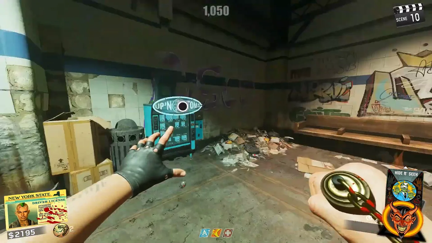 The blue Up 'N Atoms machine in a corner of the platform, between cardboard boxes and a pile of rubbish, Shaolin Shuffle, Call of Duty Infinite Warfare Zombies