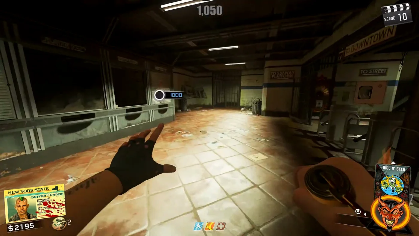 The station hall above the platform, with the ticket booth windows on the left and the 1,000-point debris barrier ahead, Shaolin Shuffle, Call of Duty Infinite Warfare Zombies