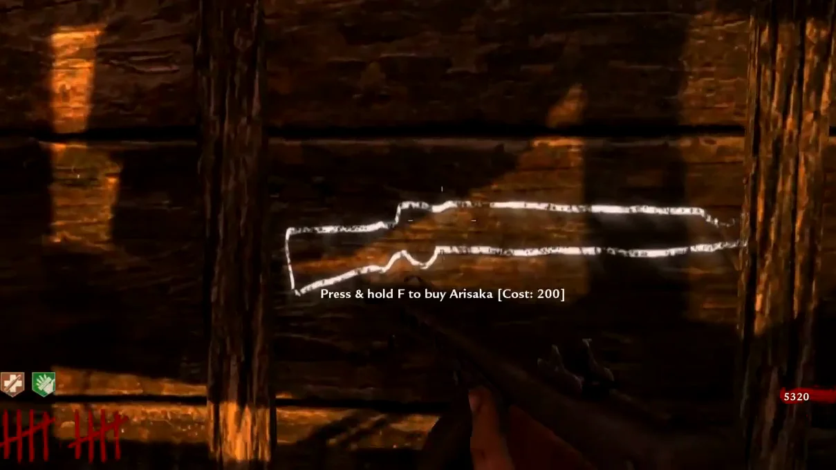 The chalk outline of the Arisaka on a wall of the spawn room, with its 200 point price on screen, Shi No Numa, Call of Duty Black Ops Zombies