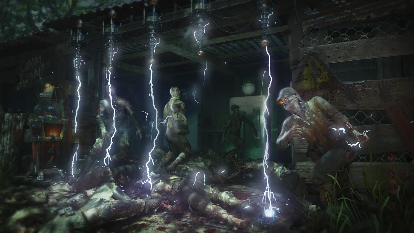 Zombies caught in the Electro-Shock Defenses at the entrance of a hut, Shi No Numa, Call of Duty Black Ops III Zombies