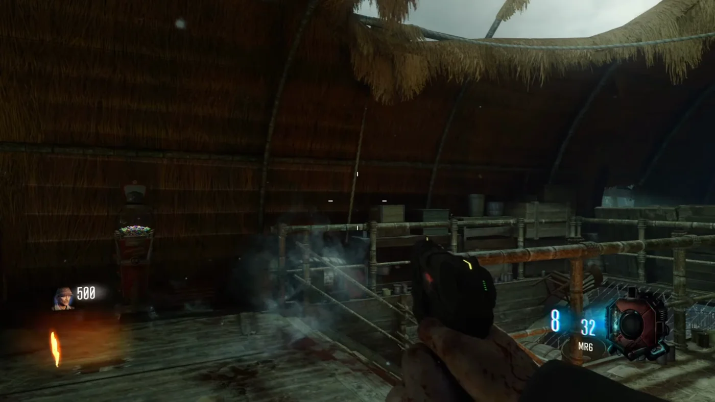 The spawn room on the top floor of the main hut, with the GobbleGum machine on the left and the railing of the stairwell, Shi No Numa, Call of Duty Black Ops III Zombies