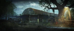 The main hut across the swamp under a lamp, menu art, Shi No Numa, Call of Duty Black Ops III Zombies