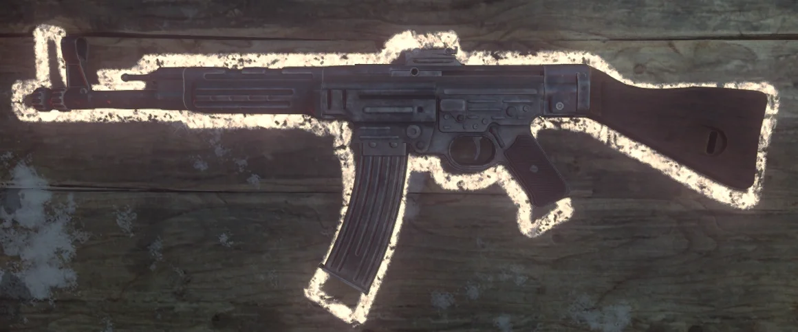 StG-44 on a wall-buy chalk outline, third-person render, Shi No Numa, Call of Duty Black Ops III Zombies